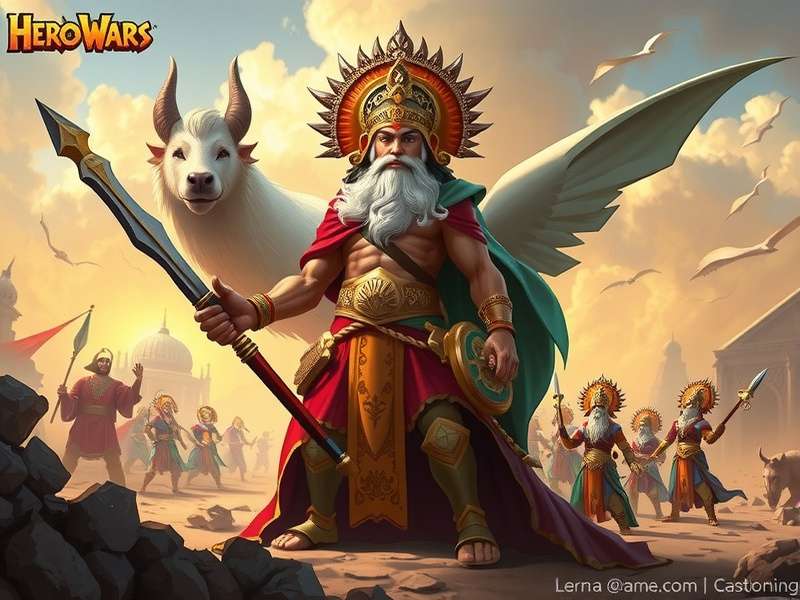 Hero Wars Olympus Maestro में देवताओं और नायकों की एपिक लड़ाई का दृश्य