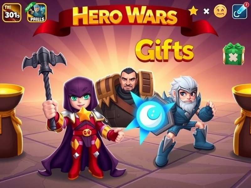 Collection of various Hero Wars gift chests, emeralds, and reward icons displayed vibrantly