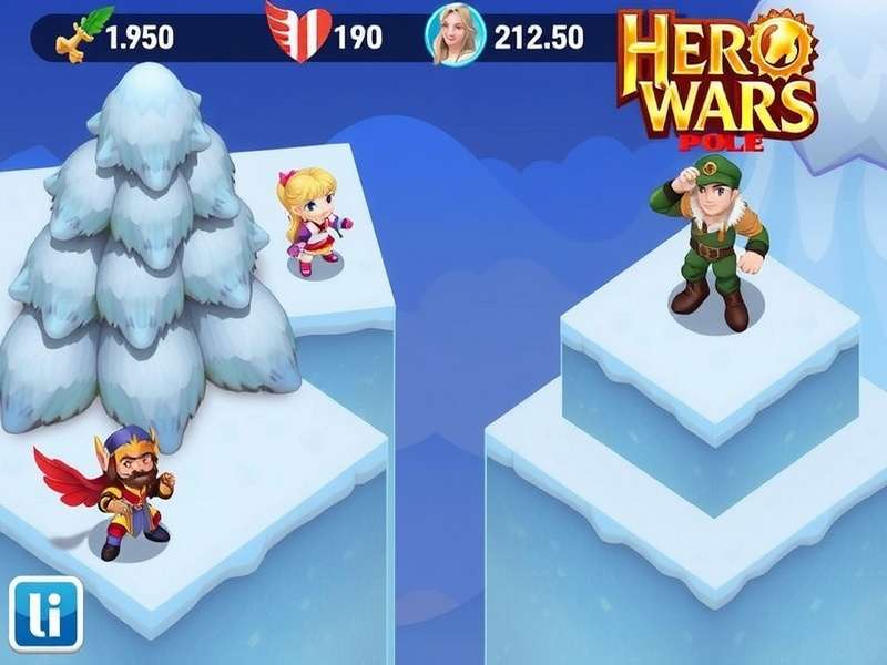 Hero Wars Winter Pole 2025 event banner with icy heroes and frosty battlefield