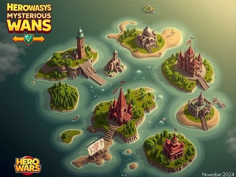 Hero Wars Mysterious Island Map November 2024 – foggy island with ancient ruins and treasure markers