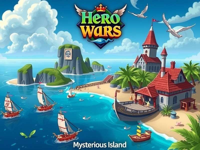 Hero Wars Mysterious Island July event splash art with heroes and island backdrop
